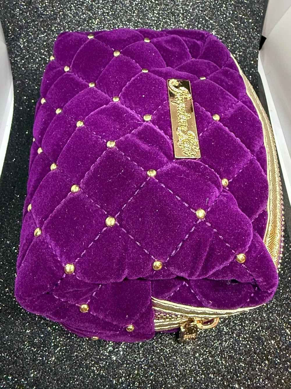 Velvet Quilted Royal Purple Women's Makeup Bags with Gold Studs